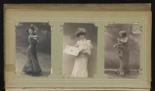Three portraits of women, including a woman holding a large envelope