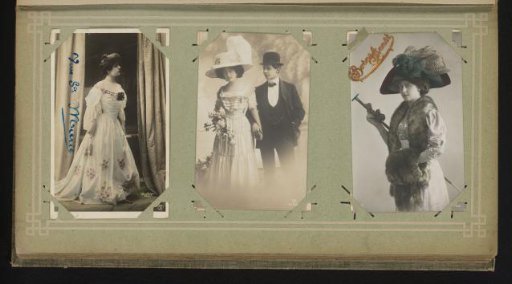 Two portraits of women and a portrait of a couple in wedding attire