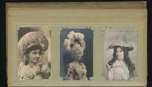 Three portraits of women with hats