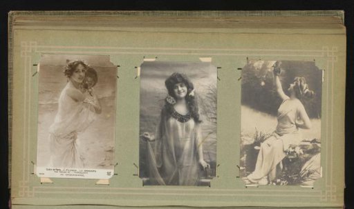 Photographic reproduction of a painted portrait of a woman with a fan on the beach by Charles Amable Lenoir and two portraits of women