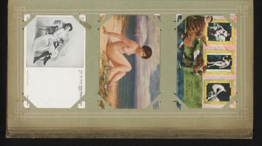 Two reproductions of designs with nude women and a portrait of a seated woman with a cat on her lap