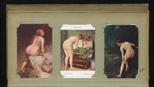 Three reproductions of painted portraits of nude women, one by Claire Maliquet