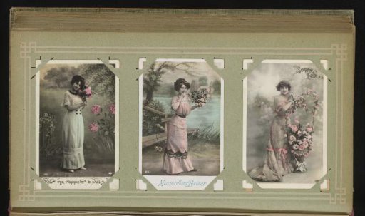 Drie portretten van vrouwen met bloemen