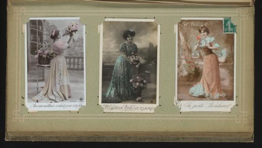 Drie portretten van vrouwen met bloemen