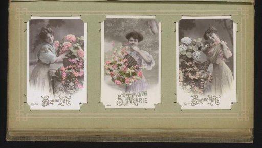 Three portraits of women with flowers