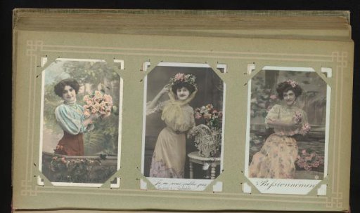 Three portraits of women with flowers