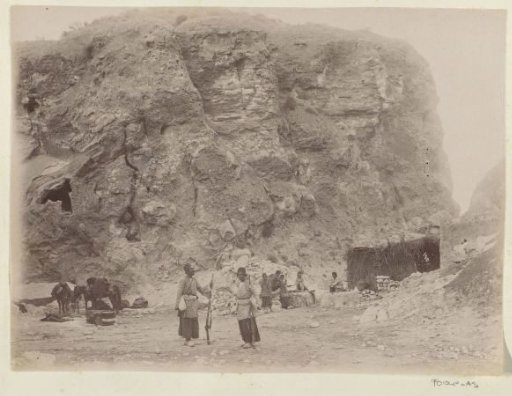 Travel party at a hut by the road in a gorge in Persia