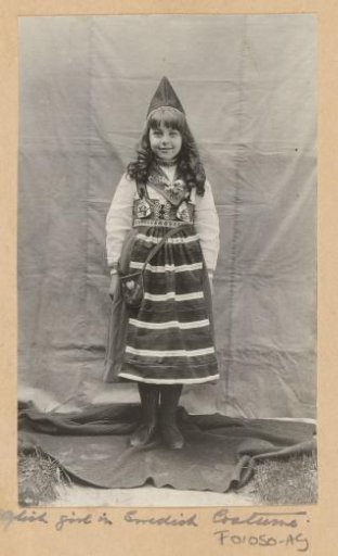 English girl with ringlets in Swedish costume, presumably in Russia