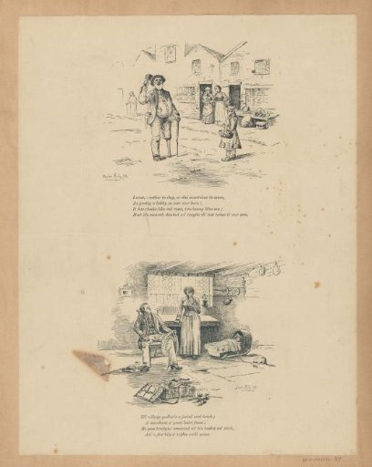 Album leaf with two prints depicting a village crier and a peddler with wife and child, both accompanied by a rhyme