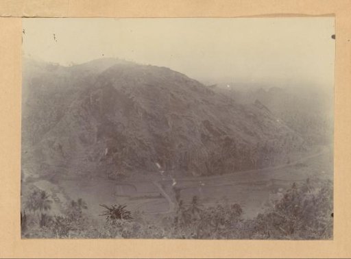 View of a mountain and fields near Djenar on Java
