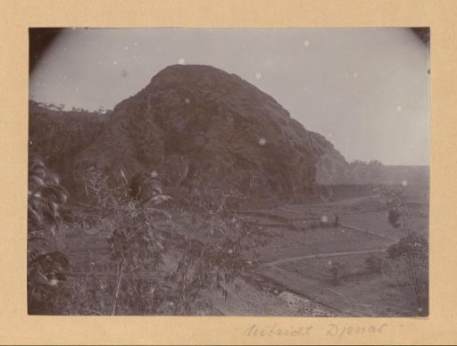 View of a mountain and fields near Djenar on Java