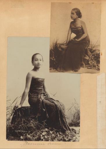 Two portraits of young Indonesian women, seated in sarongs