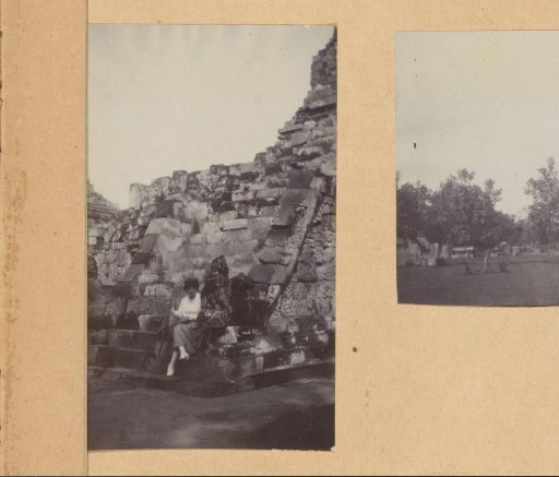 Woman at the ruins of a building, possibly the Borobudur on Java