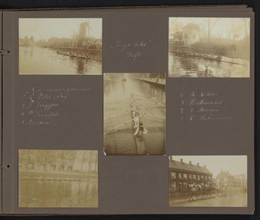 Five photos of rowing crew Jonge Acht in action at Delft