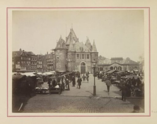 View of the Nieuwmarkt in Amsterdam with the Waag building and market stalls