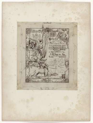 Photographic reproduction of a signed certificate of honor for S.M. Hugo van Gijn, chairman of the committee for the preparation of the Festival of 24 November 1888