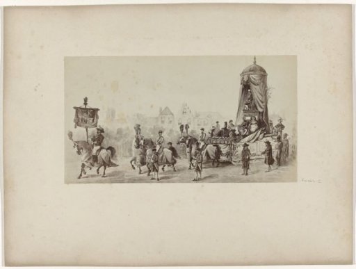 Photoreproduction of a watercolour of a triumphal car of the Association for Trade and Art from Dordrecht