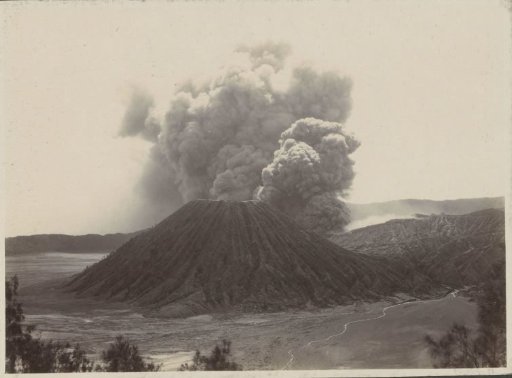 Smoking volcano in the Dutch East Indies
