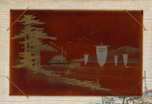 Lake with four sailing boats, with a building and a well on the left