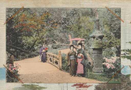 Three women in kimonos in a garden, Japan