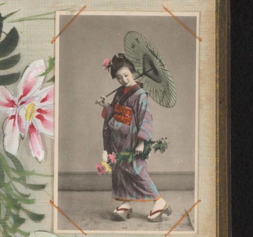 Japanese woman in a purple-blue kimono, green umbrella, and zori