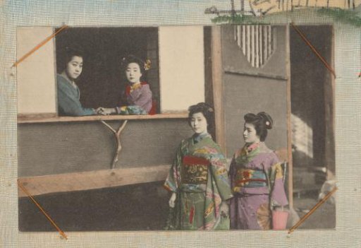 Four Japanese women, two standing in front of a house and two leaning out of a window