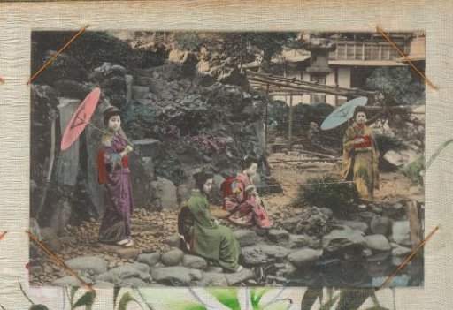 Four Japanese women in colored kimonos, one of whom is fishing