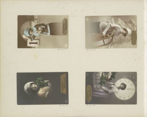 New Year's card with a portrait of a woman with a sled