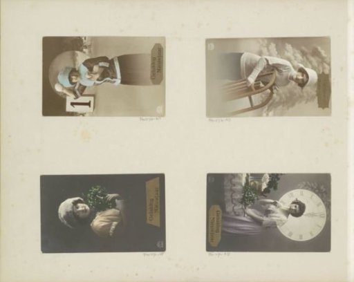 New Year's card with a portrait of a woman by a clock and a table with champagne