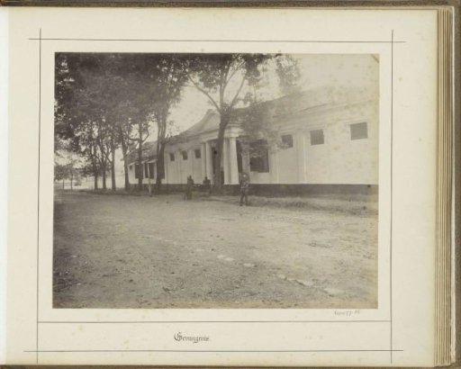 Exterior of the Batavia Prison with soldiers on guard