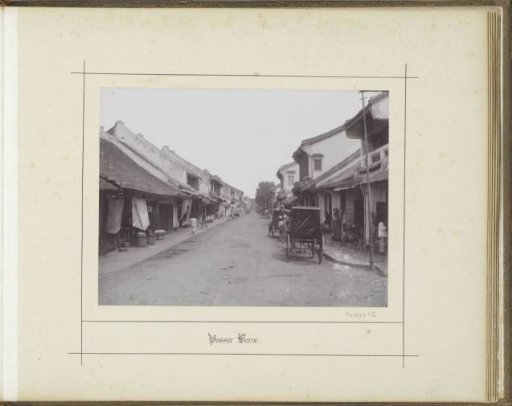 Street view in Pasar Baru (Batavia) with shops and horse-drawn carriages
