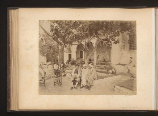 Men under a tree on a square near a café