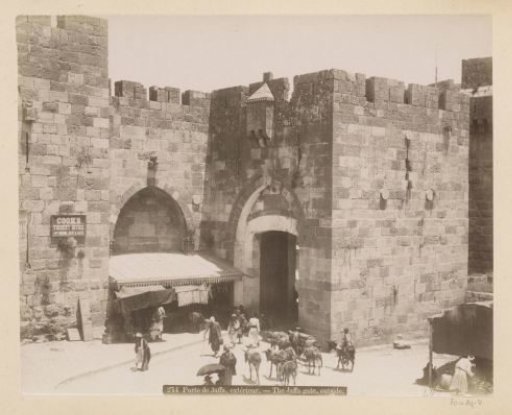 Donkeys and passers-by at the Jaffa Gate in Jerusalem