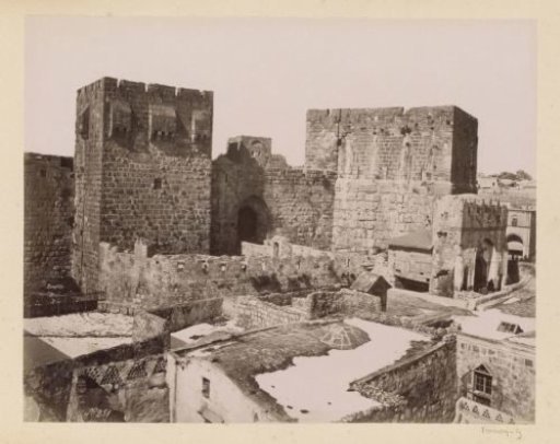 Towers of David and Hippicus in Jerusalem, viewed over rooftops