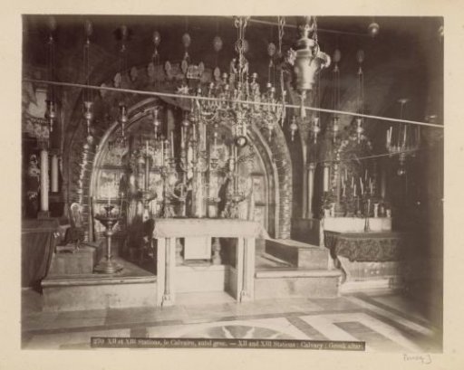 Twelfth and thirteenth station of the Cross (Calvary) at the Greek altar in the Church of the Holy Sepulchre in Jerusalem
