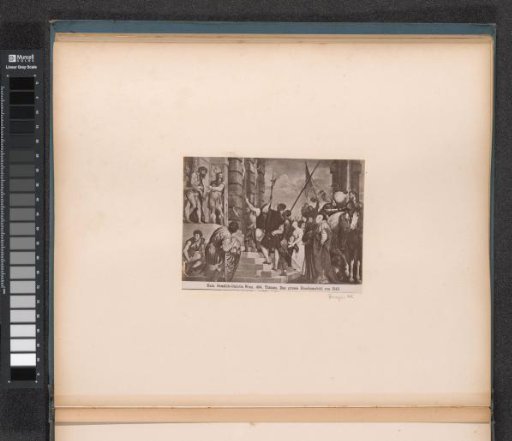 Photographic reproduction of (possibly) a print after a painting by Titian, depicting Christ before Pilate (Ecce homo)