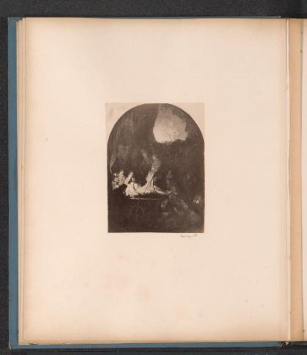 Photographic reproduction of (probably) a print after a painting by Rembrandt, depicting the Deposition of Christ