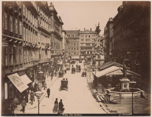 View of the Graben in Vienna with shops, carts, pump and the Vienna plague column