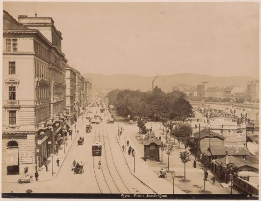 View of the Franz-Josefs-Kai in Vienna with shops, buildings, trams and carts