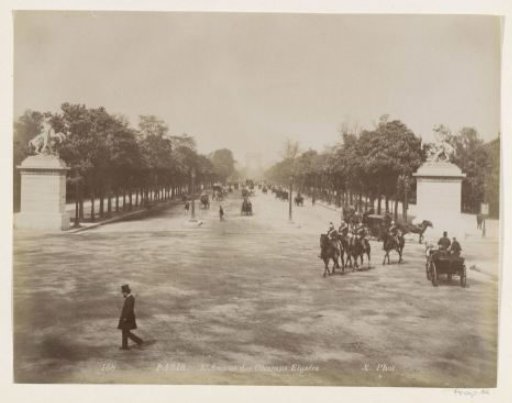 Pedestrians, horse-drawn carriages and riders on the Avenue des Champs Elysées in Paris