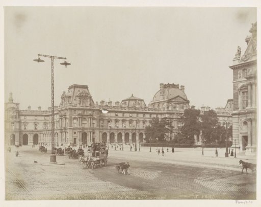 Place du Carrousel in Paris with pedestrians, horse-drawn carriages and a horse-drawn tram