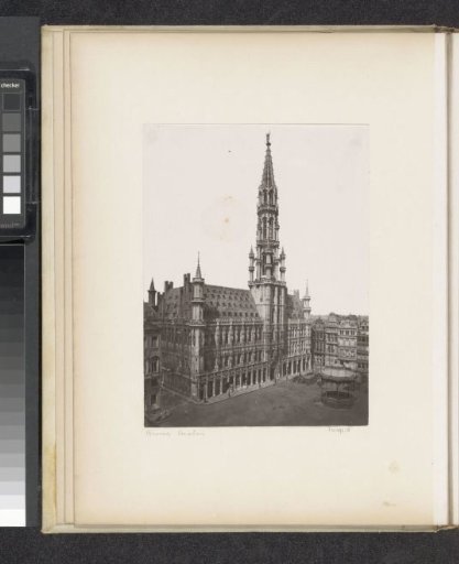 View of the Town Hall of Brussels with a music kiosk in front