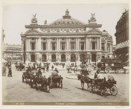 Exterior of the Opera of Paris with passers-by, carriages, and a horse-drawn tram