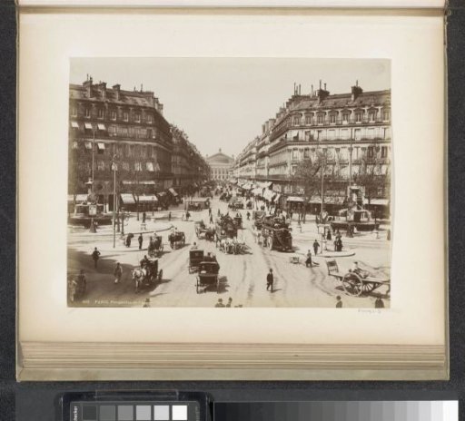 Avenue de l'Opéra in Paris with passers-by, horse-drawn carriages, horse-drawn trams, and the opera building at the end
