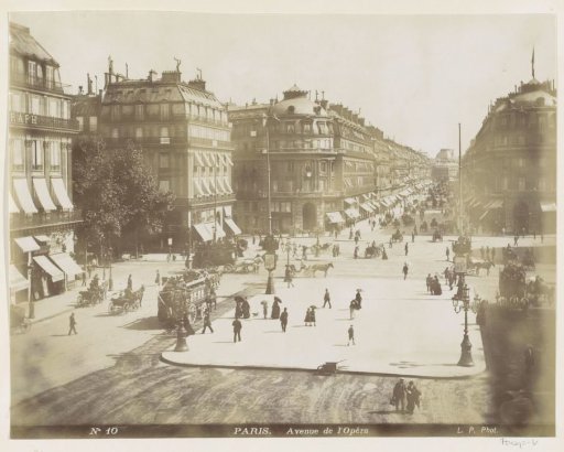 Avenue de l'Opéra in Paris with passers-by, horse-drawn carriages, and horse-drawn trams
