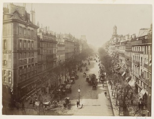 Boulevard des Italiens in Paris with pedestrians, horse-drawn carriages and a horse-drawn tram