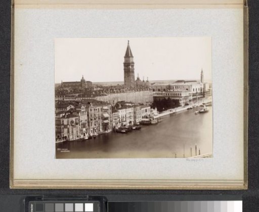 View of Venice with a row of houses on the Grand Canal to the left, the Campanile in the centre, and the Doge's Palace to the right