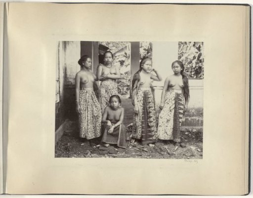 Group portrait of five young half-nude Indonesian women, possibly in Sumatra