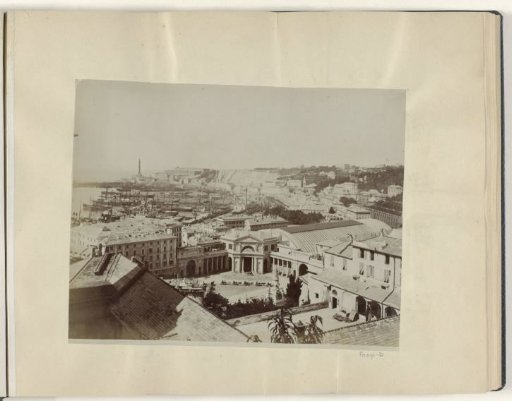 View of the Bay of Genoa with a railway station in the foreground