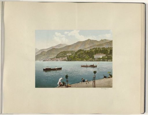Beach at Bellagio with rowers and women washing at Lake Como